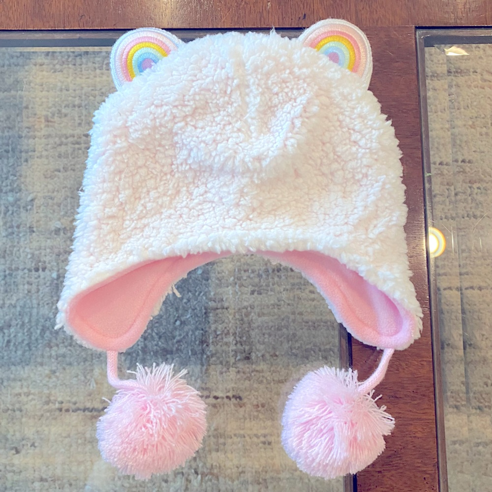 Baby 18-24 M fuzzy hat with Pom-Poms & Rainbow ears.